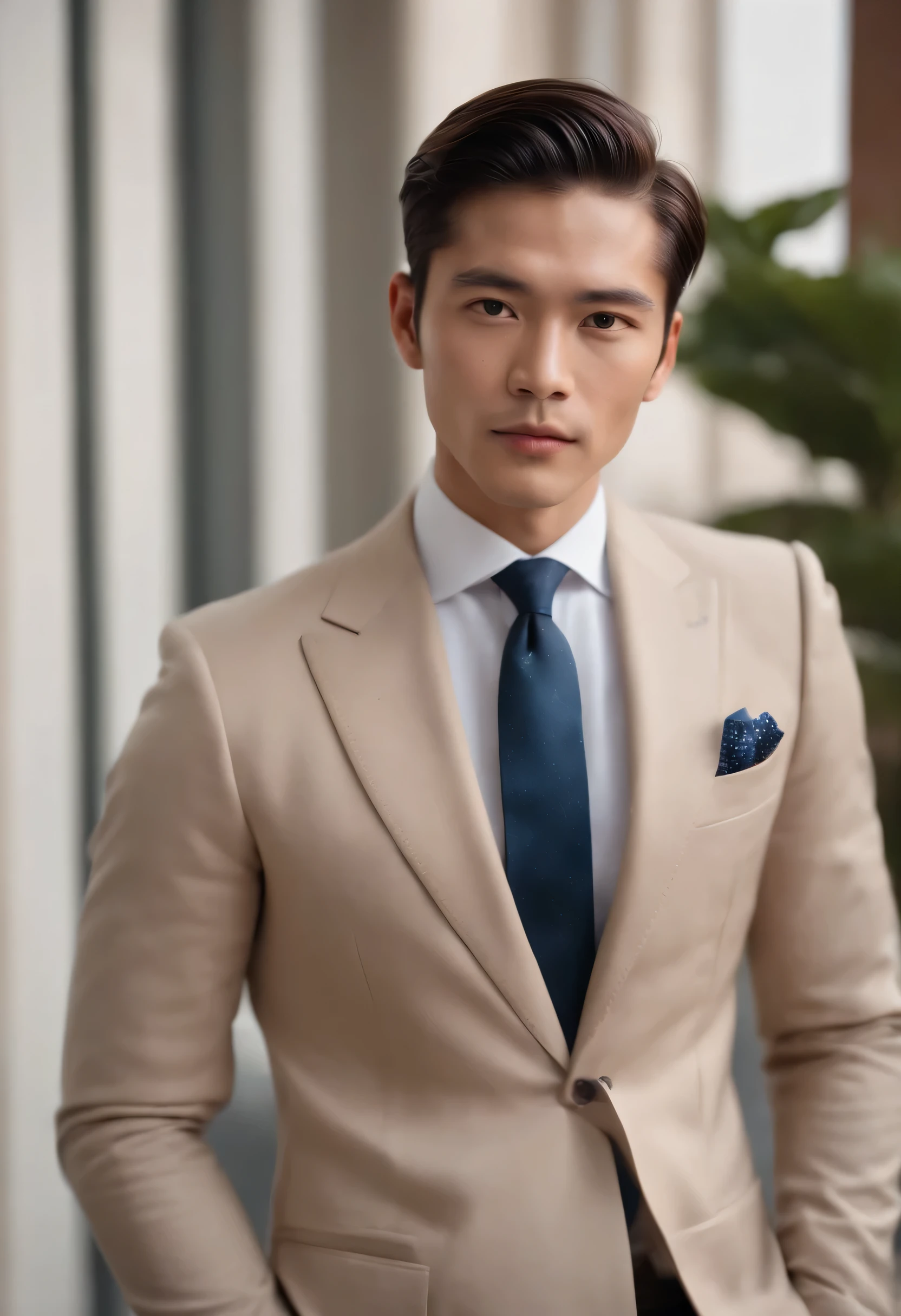 A portrait of a 30-year-old Japanese man in an elegant and luxurious business style. Vestida con un traje sastre marron de Gucci, Camisa de vestir blanca, Corbata de seda azul, y zapatos brogue de cuero negro. El aspecto es elegante y refinado. Un peinado de negocios elegante para invierno. Un buen, Slicked-back look with a strong hold, giving a mature and self-confident appearance., fondo oscuro.