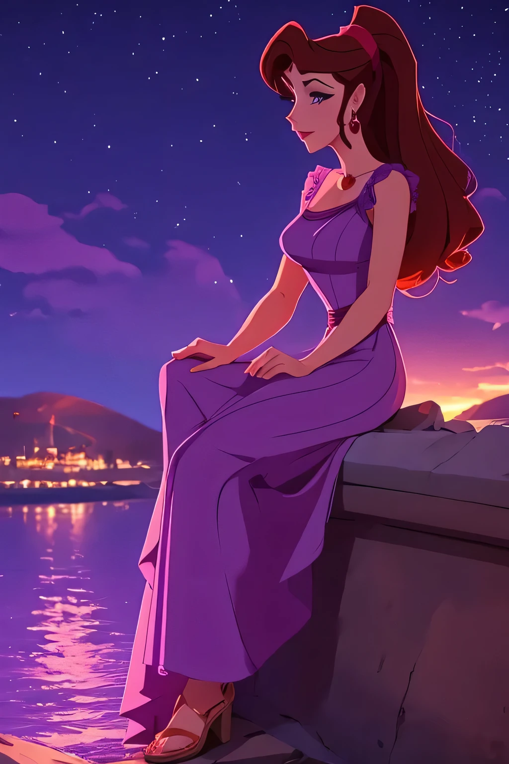 1 girl brunette Megara, wearing long purple greek dress, disney animation style, 2D, best quality, digital art, in greek mount olympus, sitting by the lake at night, wondering expression, contemplative mind