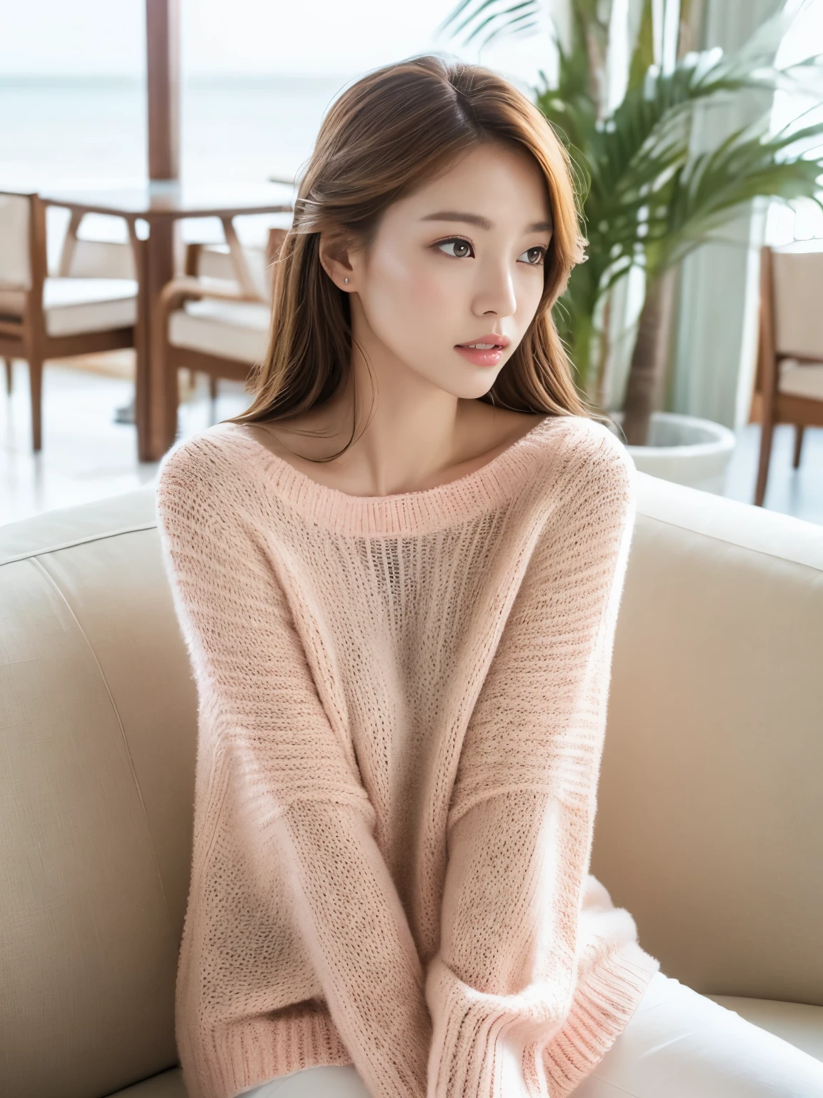 Cinematic photography, 1 beauty: 1.2, Pale pink sweater, White pants, Brown medium hair, Highly detailed face, Sitting on a white sofa, background: Sea Resort, Body facing forward, West Shot,