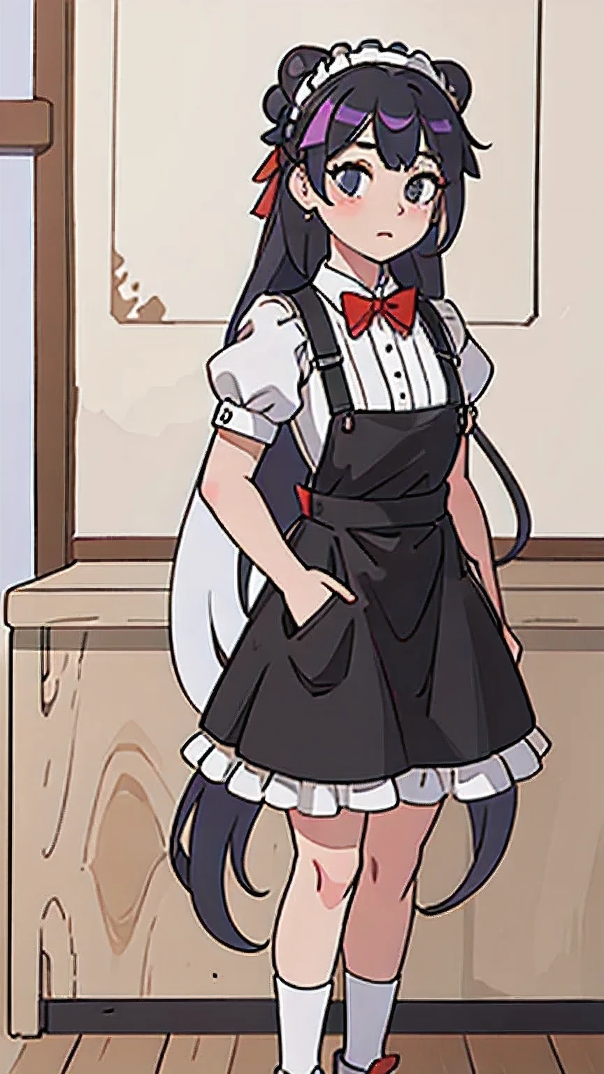 (((Perfect)))(((one maid)))Lace headband,long hair bun,Maid overalls,Rainbow Silk Bow Tie,Short sleeves with tight cuffs,apron,Short skirt,Thigh exposed 20cm,Black high-tops over the knee,leather shoes,Facial expression puzzled