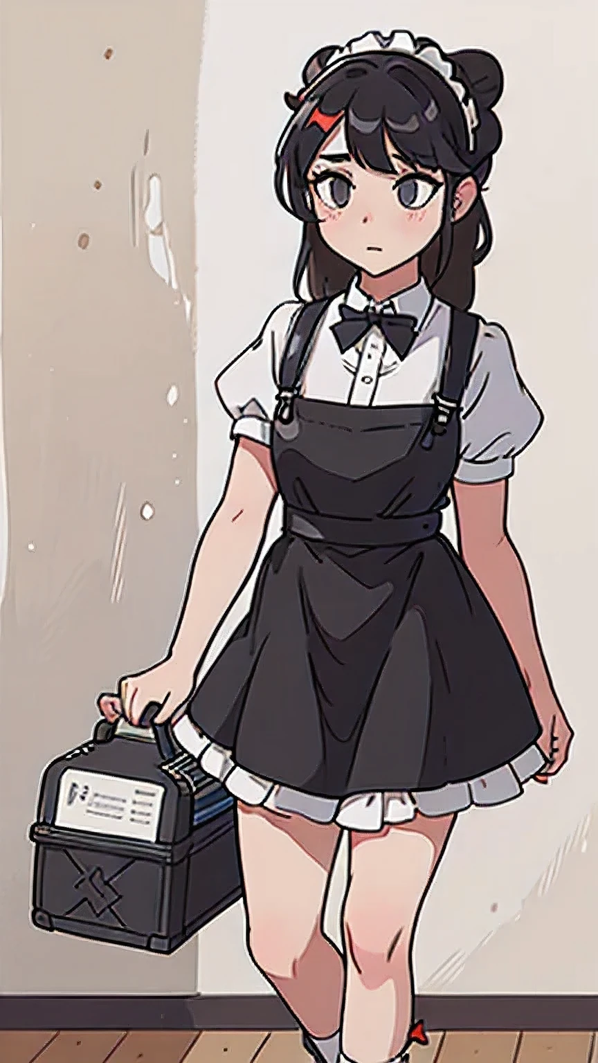 (((Perfect)))(((one maid)))Lace headband,long hair bun,Maid overalls,Rainbow Silk Bow Tie,Short sleeves with tight cuffs,apron,Short skirt,Thigh exposed 20cm,Black high-tops over the knee,leather shoes,Facial expression puzzled