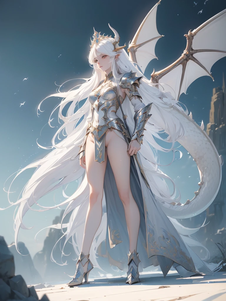 (((masterpiece, best quality, 8k)))Design a layout showcase Fantasy character, (1girl), ((mounted on a dragon)). Beautiful armor, wielding a spear, long white hair, wearing a tiara. ((detailed dragon:1.4)), white dragon, full of intricate details. (masterpiece:1.3), (best quality), 4k, ultra-detailed. (Dynamic pose, heroic stance:1.5), (dramatic lighting, atmospheric lighting). warrior, ((tiara:1.2)), (((long white hair:1.4))), spear, (((full_body_shot:1.5))). In a mystical landscape, high in the sky, with clouds and sunlight.