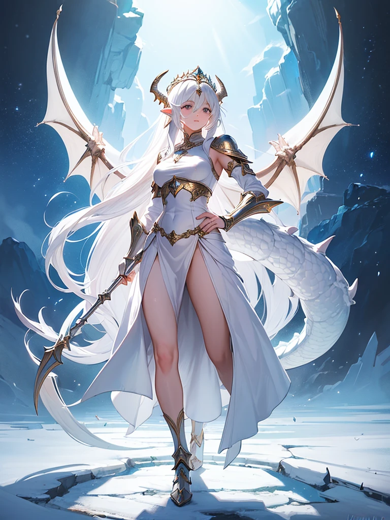 (((masterpiece, best quality, 8k)))Design a layout showcase Fantasy character, (1girl), ((mounted on a dragon)). Beautiful armor, wielding a spear, long white hair, wearing a tiara. ((detailed dragon:1.4)), white dragon, full of intricate details. (masterpiece:1.3), (best quality), 4k, ultra-detailed. (Dynamic pose, heroic stance:1.5), (dramatic lighting, atmospheric lighting). warrior, ((tiara:1.2)), (((long white hair:1.4))), spear, (((full_body_shot:1.5))). In a mystical landscape, high in the sky, with clouds and sunlight.