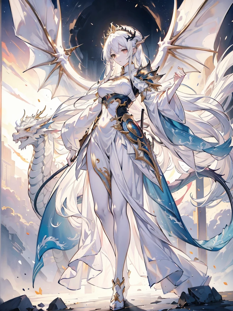 (((masterpiece, best quality, 8k)))Design a layout showcase Fantasy character, (1girl), ((mounted on a dragon)). Beautiful armor, wielding a spear, long white hair, wearing a tiara. ((detailed dragon:1.4)), white dragon, full of intricate details. (masterpiece:1.3), (best quality), 4k, ultra-detailed. (Dynamic pose, heroic stance:1.5), (dramatic lighting, atmospheric lighting). warrior, ((tiara:1.2)), (((long white hair:1.4))), spear, (((full_body_shot:1.5))). In a mystical landscape, high in the sky, with clouds and sunlight.