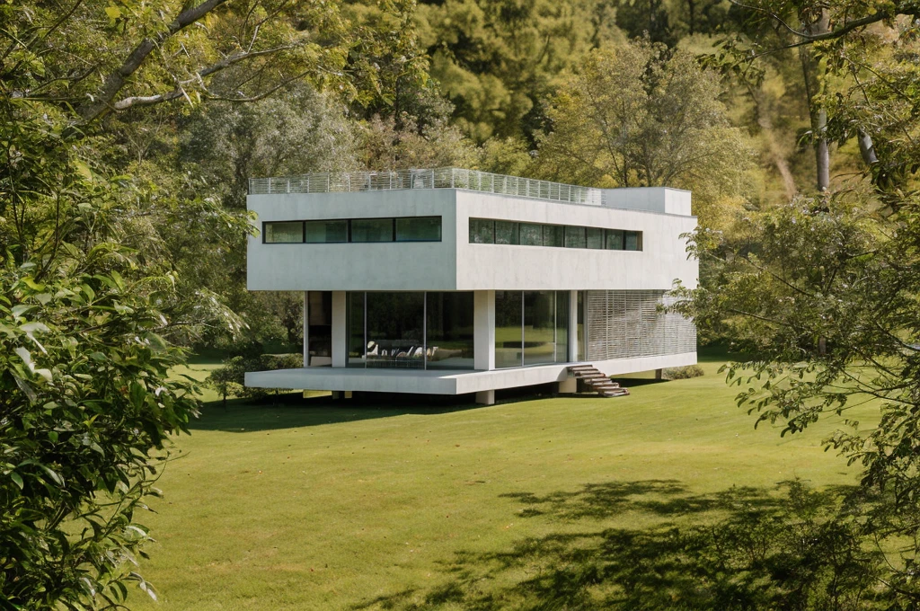 exterior architec ture, Lecorbusier style, white house , plant around the building, sky, trees, the building in forest, surrounded by green grass hills, All pictures are real, 100% real pictures, high quality, clear pictures , hyper realistic, depth of field , modern architecture, minimal architecture , futuristic architecture