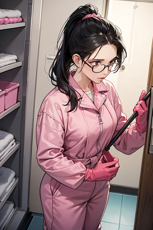 A mature woman with glasses and black hair tied up in a ponytail, wearing a long-sleeved jumpsuit and white rubber boots, is nervously trying to put on a pair of oversized pink rubber gloves in front of the cleaning supplies cupboard in the bathroom