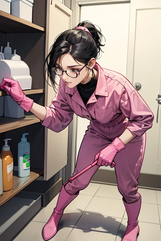 A mature woman with glasses and black hair tied up in a ponytail, wearing a long-sleeved jumpsuit and white rubber boots, is nervously trying to put on a pair of oversized pink rubber gloves in front of the cleaning supplies cupboard in the bathroom