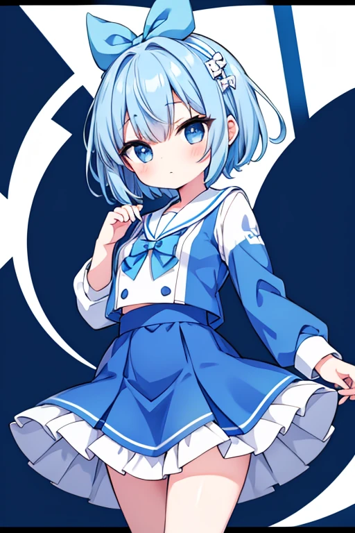 Chibi, a short-haired girl with blue hair covering her left eye. Big white bow on head wearing a blue sailor suit white bow on chest white very short skirt