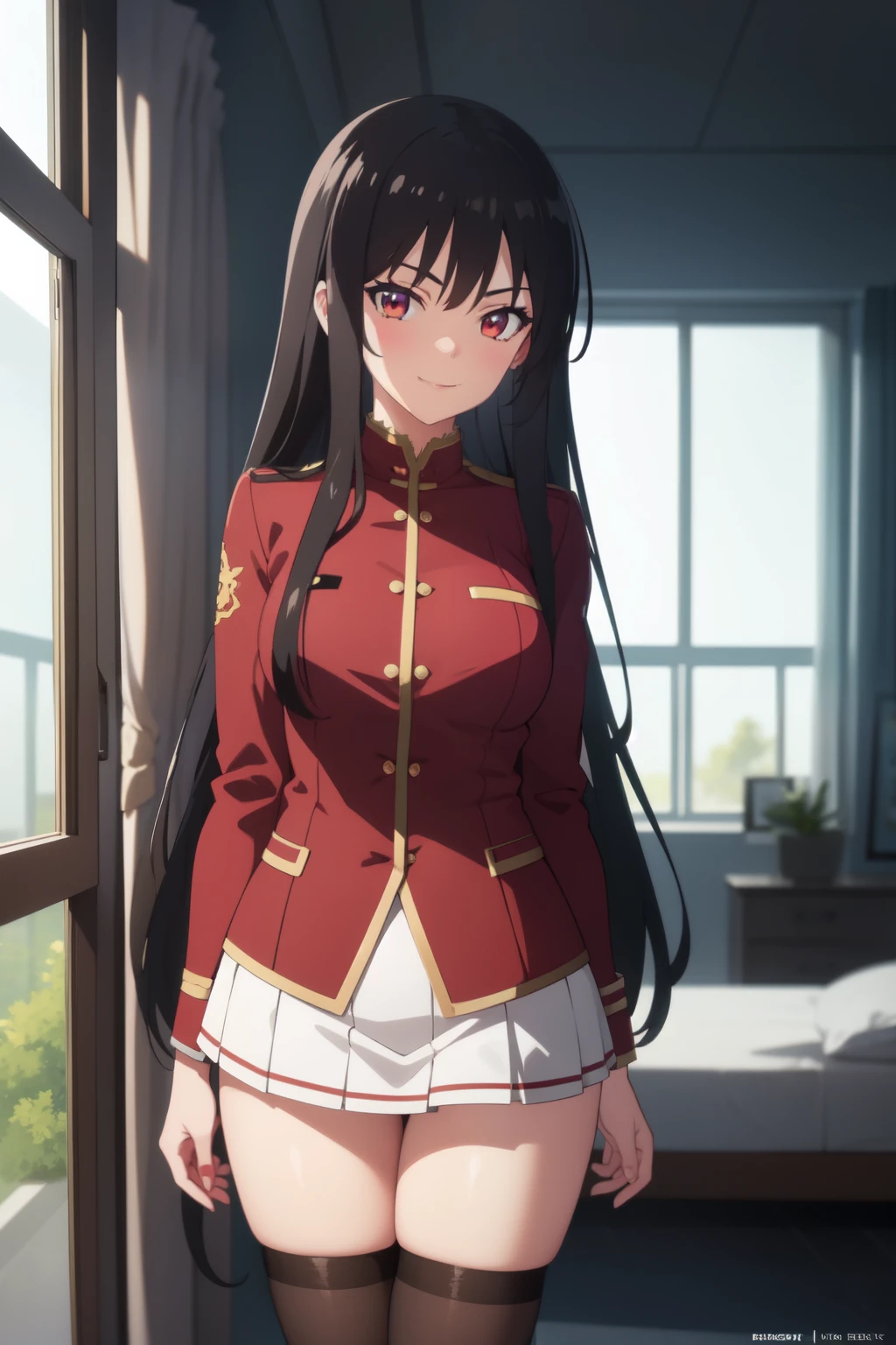 Anime background art, bottom of room, one bed, standing, beautiful anime scenes, 4K anime art wallpaper, 4k anime art wallpaper, Rosla global illumination, anime girl, best quality, detailed, 1 girl, alone, same as LORA, same as lora, closed mouth, light smile, black hair, long hair, defined eyes, red eyes, looking at viewer, red costume, short white skirt, black thigh high stockings.