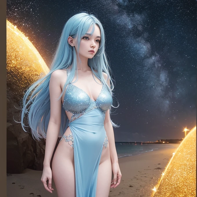 Create a high-quality, 8K ultra-high resolution image of a woman with long, light blue hair standing on a beach, holding a mirror. She is looking at her reflection, which has a blurred face and is gazing directly at the viewer, conveying an eerie and melancholic aura. The background features a breathtaking, overcast sky in shades of gold, red, and orange, adorned with visible galaxies and stars, adding to the somber and otherworldly mood of the scene. Use high contrast and low saturation to emphasize the detailed anatomy-based character design and the emotional depth of the composition.