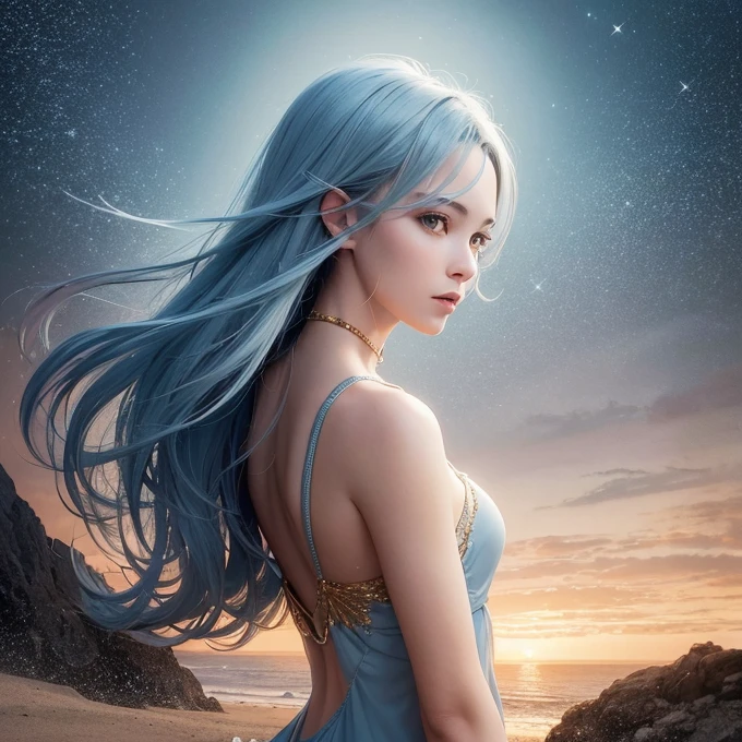 Create a high-quality, 8K ultra-high resolution image of a woman with long, light blue hair standing on a beach, holding a mirror. She is looking at her reflection, which has a blurred face and is gazing directly at the viewer, conveying an eerie and melancholic aura. The background features a breathtaking, overcast sky in shades of gold, red, and orange, adorned with visible galaxies and stars, adding to the somber and otherworldly mood of the scene. Use high contrast and low saturation to emphasize the detailed anatomy-based character design and the emotional depth of the composition.