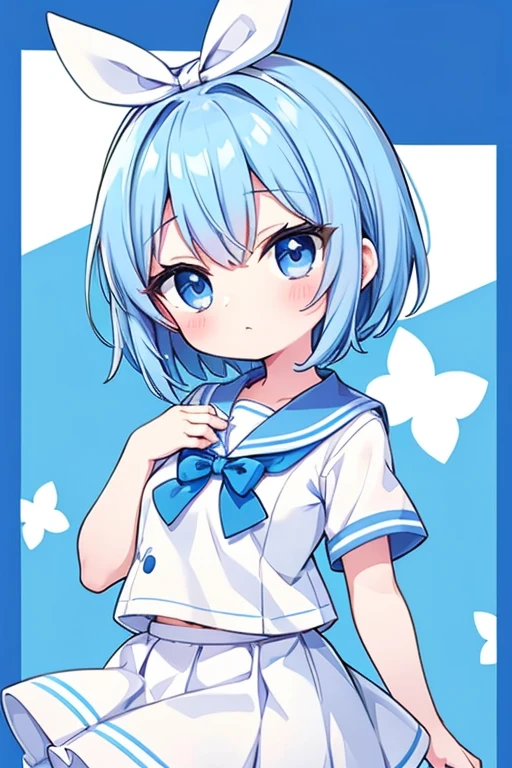 Chibi, a short-haired girl with blue hair covering her left eye. Big white bow on head wearing a blue sailor suit white bow on chest white very short skirt