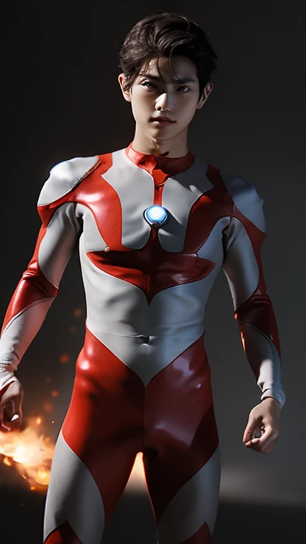 Young beautiful boy, young handsome boy, Ultraman Boy personification, Ultraman-colored latex, Ultraman-colored rubber bodysuit, Ultraman color suit, Ultraman body suit, muscles, abs, mask off Ultraman Boy, Ultraman Boy without mask, Ultraman Boy suit, Ultraman Boy cosplay, Ultraman Boy costume, 15 year old boy's body, Ultraman Boy with face exposed, Ultraman without mask Boy, Ultraman without mask, medium-length hair, ponytail hair, color timer on chest, energy drain on chest, Ultraman Boy, boy's face, young boy with long hair, Ultraman Boy cosplayer, exposed face, 13 to 15 years old Boy, young boy's face, high definition, highest quality, best masterpiece, highest clarity, highest resolution, 8K, 16K, 32K, CG art, highest detail, Full body shot, full body view,