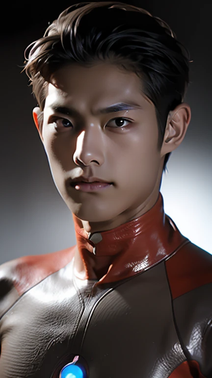 Young beautiful boy, young handsome boy, Ultraman Boy personification, Ultraman-colored latex, Ultraman-colored rubber bodysuit, Ultraman color suit, Ultraman body suit, muscles, abs, mask off Ultraman Boy, Ultraman Boy without mask, Ultraman Boy suit, Ultraman Boy cosplay, Ultraman Boy costume,  boy's body, Ultraman Boy with face exposed, Ultraman without mask Boy, Ultraman without mask, medium-length hair, ponytail hair, color timer on chest, energy drain on chest, Ultraman Boy, boy's face, young boy with long hair, Ultraman Boy cosplayer, exposed face, 13 to 15 ye boy's face, high definition, highest quality, best masterpiece, highest clarity, highest resolution, 8K, 16K, 32K, CG art, highest detail, Full body shot, full body view,