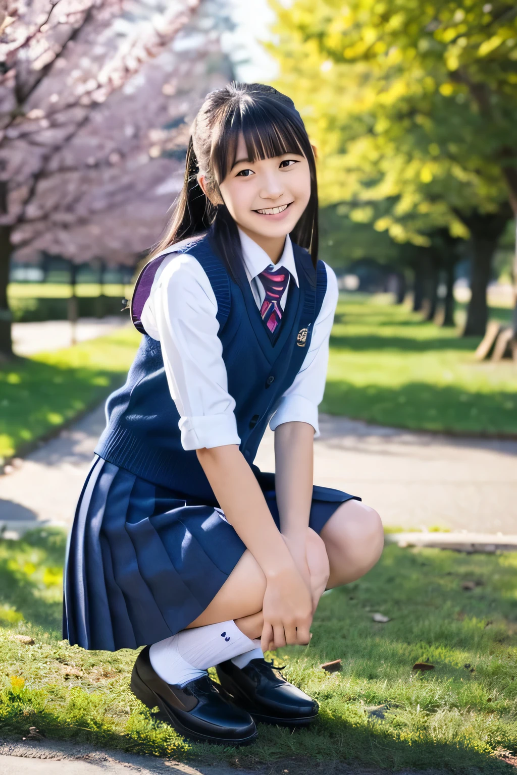 ((masterpiece)), japanese, (a girl), (18 years old), (((school uniform))), smiling, a park, dark blue knit vest, (crouch down), (view from front),