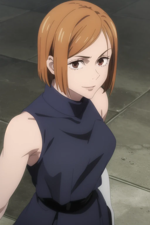(masterpiece), (best quality), (ultra-detailed), (best illustration), (best shadow), (absurdres), nobarakugisakinova, short hair, orange hair, ((brown eyes)), kugisaki nobara, 1girl, solo, bangs, wearing black crotop, turtleneck, sleeveless,evil smile, long sleeves, looking at viewer, upper body,