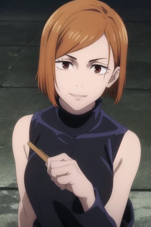(masterpiece), (best quality), (ultra-detailed), (best illustration), (best shadow), (absurdres), nobarakugisakinova, short hair, orange hair, ((brown eyes)), kugisaki nobara, 1girl, solo, bangs, wearing black crotop, turtleneck, sleeveless,evil smile, long sleeves, looking at viewer, upper body,