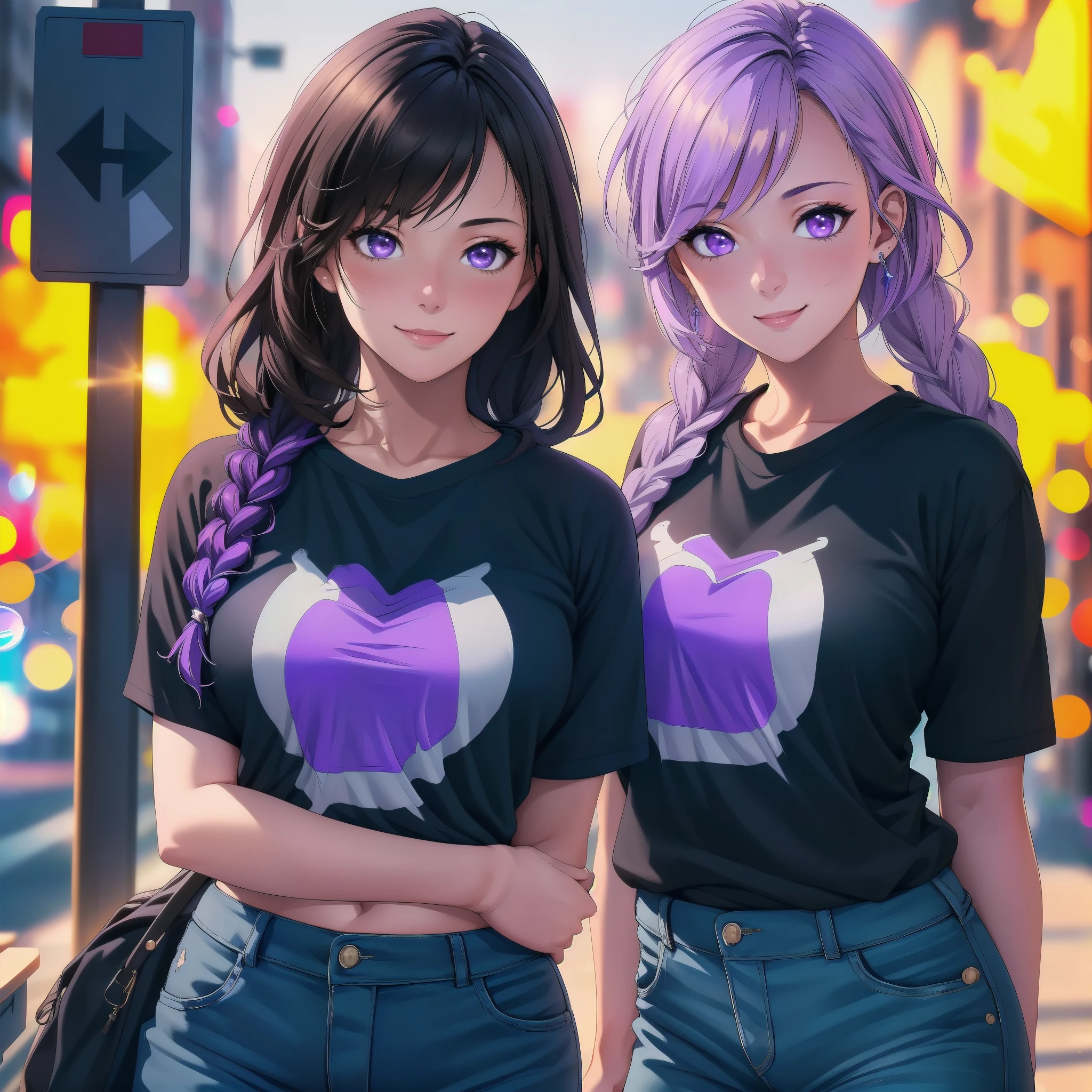 young couple(1 male, 1 woman with purple and white gradient double braids) ,fashion,clear,enhanced details,T-shirt,jeans,smiling,street,sunshine,(best quality,4k,8k,highres,masterpiece:1.2),ultra-detailed,(realistic,photorealistic,photo-realistic:1.37),HDR,UHD,studio lighting,ultra-fine painting,sharp focus,physically-based rendering,extreme detail description,professional,vivid colors,bokeh,portraits