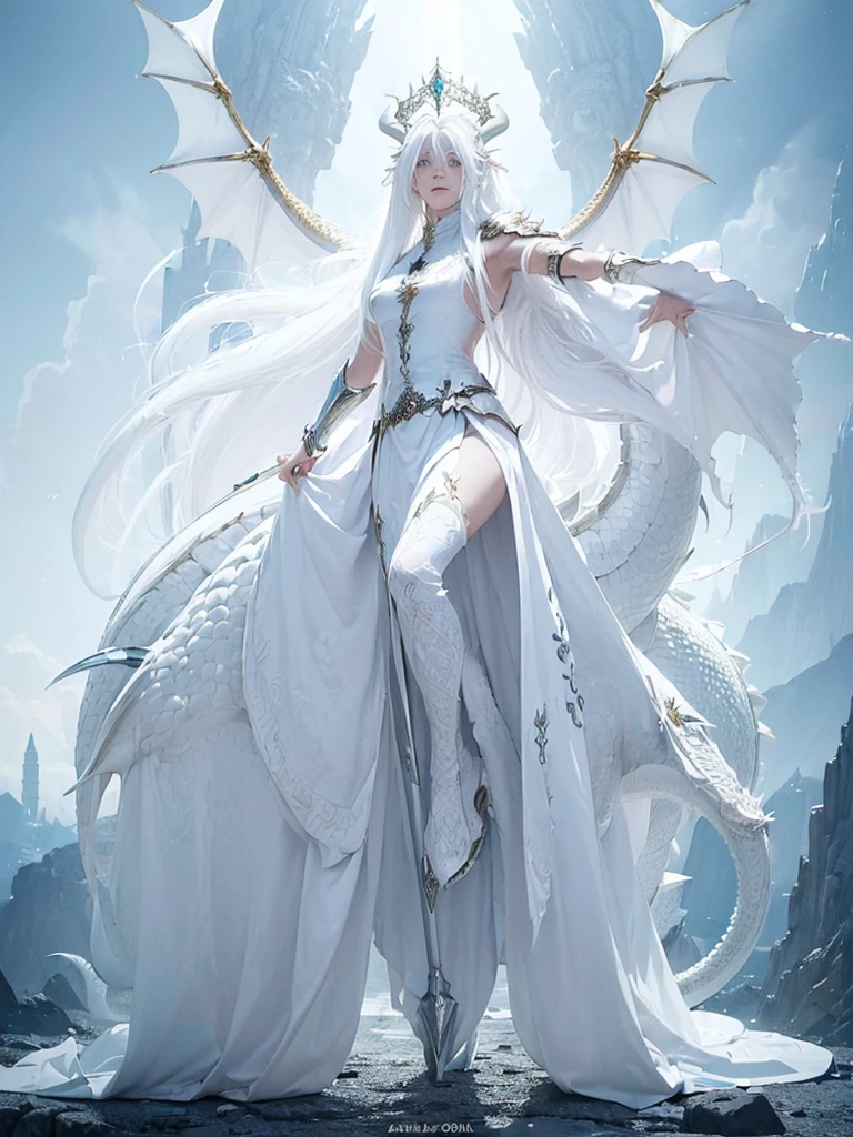 (((masterpiece, best quality, 8k)))Design a layout showcase Fantasy character, (1girl), ((mounted on a dragon)). Beautiful armor, wielding a spear, long white hair, wearing a tiara. ((detailed dragon:1.4)), white dragon, full of intricate details. (masterpiece:1.3), (best quality), 4k, ultra-detailed. (Dynamic pose, heroic stance:1.5), (dramatic lighting, atmospheric lighting). warrior, ((tiara:1.2)), (((long white hair:1.4))), spear, (((full_body_shot:1.5))). In a mystical landscape, high in the sky, with clouds and sunlight.