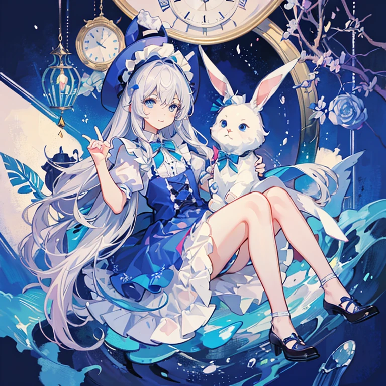 (highest quality,masterpiece,watercolor,Splash Ink),Alice in Wonderland,Fantasy,Bunny ears,.clock,Beautiful and delicate girl portrait,Playful and cute white hair, blue eyes, Blue clothes, Maid clothes,Blue hat (((whole body)))