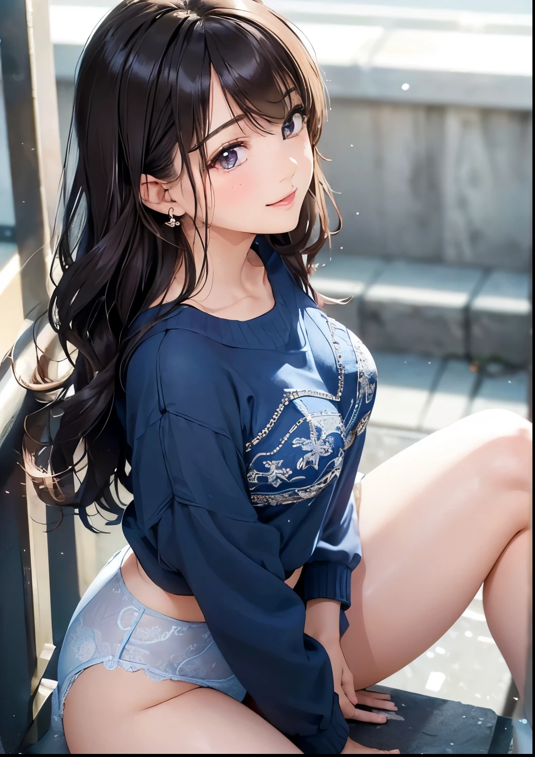 (Tabletop: 1.3), (Maximum resolution: 1.2), (Ultra HDTV: 1.2), Cinematic Light, Ultra HDTV, (fine grain and skin), (Detailed facial features), Hmph, 8K resolution, Sharp focus: 1.2, Perfect Style, Beautiful Face, Perfect body, Accurate, Anatomically correct, Highly detailed face and skin texture, fine grain, Dark blue eyes, double eyelid, Thin eyebrows, Glitter Eyeliner: 1.2, Natural Cheeks, Glowing Skin, Fair skin: 1.2, Shiny little necklace and earrings, (Glossy lips: 1.4), break, First Person View, (She is a very cute female teacher), (Light blue lace panties、Sexy Lace Bra), (Captivating smile: 1.2), ((Pure and cute girl:1.3)), (Long Wavy Hair), (Light brown hair:1.2),   break, ((Very close relationship: 1.2)), Medium large breasts, ((View your audience:1.2)), ((Station stairs:1.2)), ((Bend your knees and open your legs wide:1.2)), (From the side:1.2),Low angle shot,Full Body Shot　Tight sweater with long sleeves　Denim mini skirt　Embarrassed look