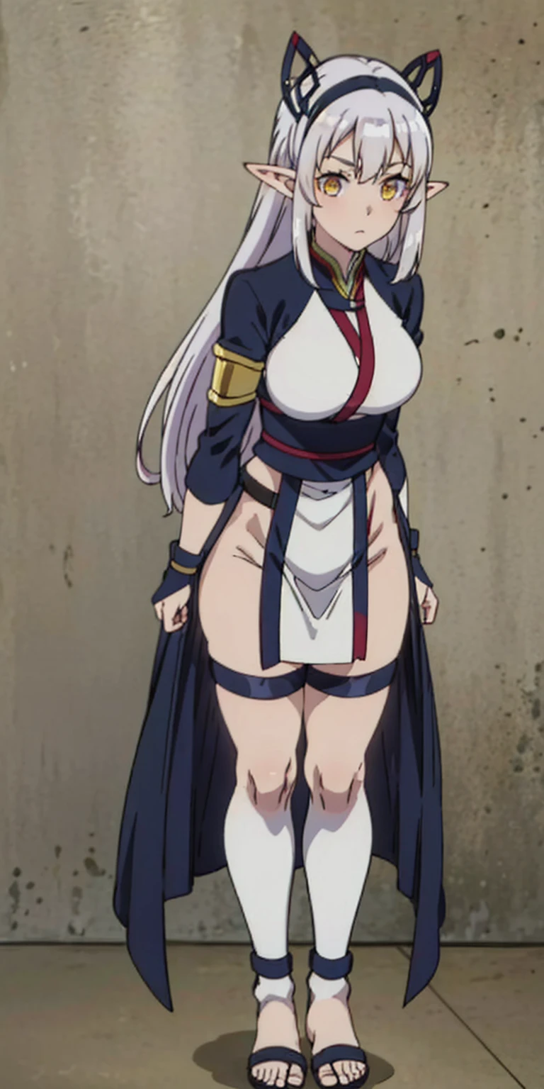 (Masterpiece, plain background:1.2) Female full body, standing straight symmetrical feet together, Pirotess dark elf, dark skin, long white hair, circlet, yellow eyes, 1990s (style), ninja Kunoichi, female 1sologirl