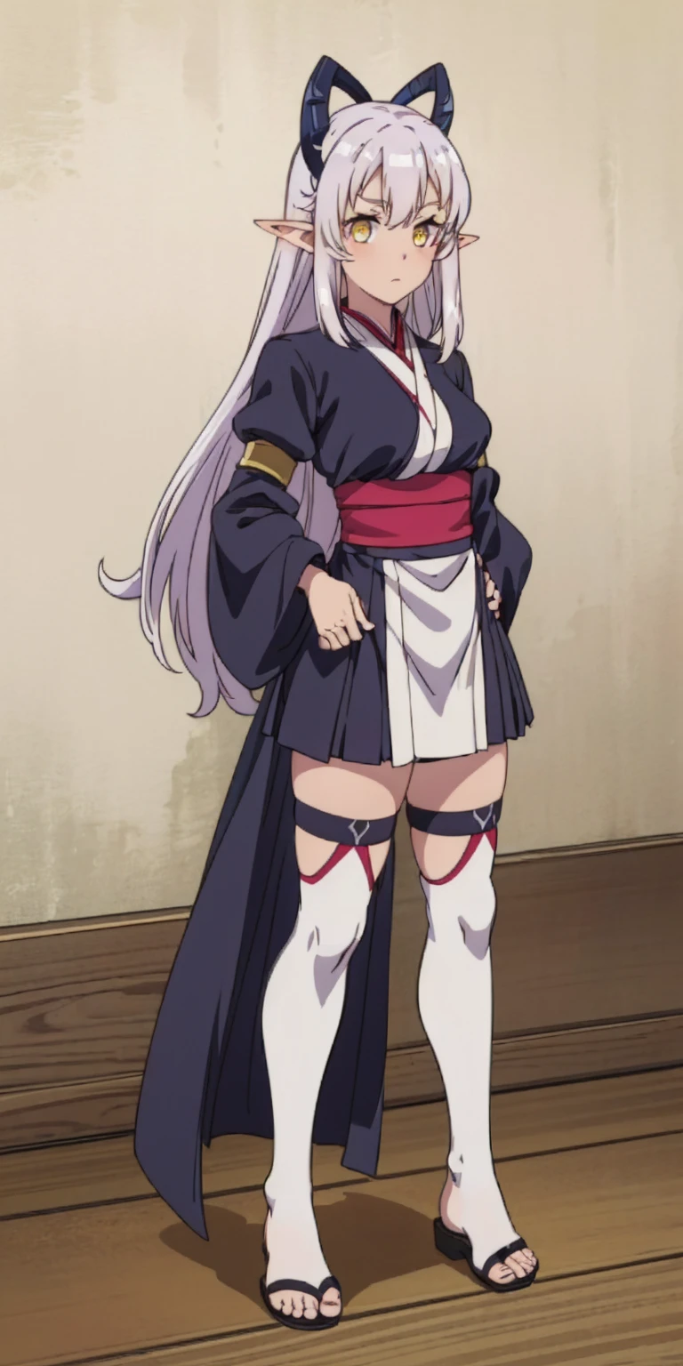 (Masterpiece, plain background:1.2) Female full body, standing straight symmetrical feet together, Pirotess dark elf, dark skin, long white hair, circlet, yellow eyes, 1990s (style), ninja Kunoichi, female 1sologirl