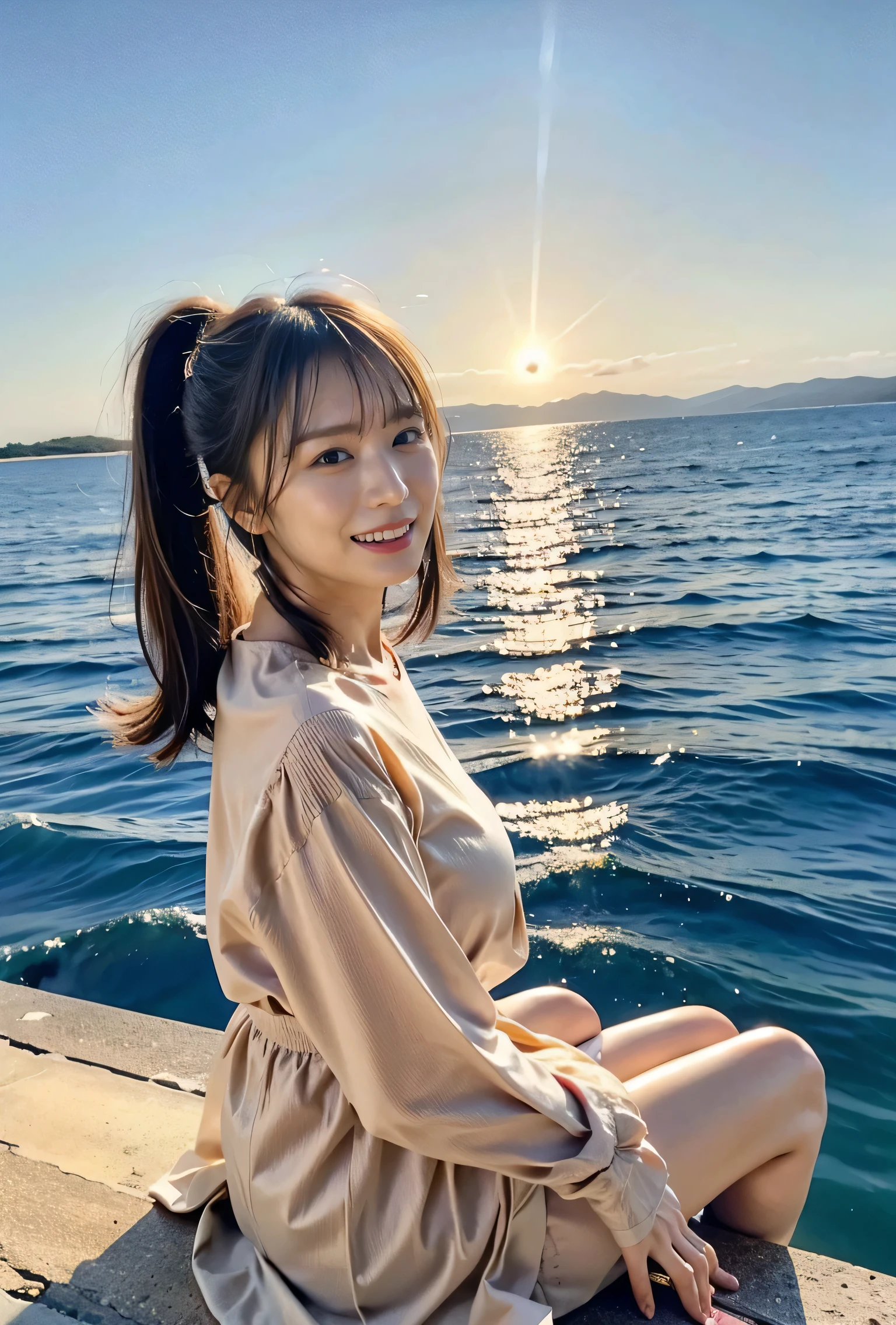 Side Ponytail、Brown Hair、The sky was dyed red、A woman in a cute outfit is sitting on a boat and watching the sunset、Her huge breasts are obvious even through her clothes.、The shining sun is so beautiful、Dusk is coming、Lens flare、I can see the sun setting、((Sunlight reflecting off the ocean、Ocean View、The sun shines on the sea、'beautiful.、Small earrings、It'evening、Birds are also flying、、Brown Hair Color、Tie your hair、The woman is on the right:1.4))、Luxury Leather Belts、Shiny clothes、Light beige hair color、Background Blur、Braid only the front hair、Light brown hair、{{Cowgirl Shot}}、((Close-up shot from the waist up、Big Breasts:1.4))、Big Breasts、Smile、Silk clothing、Big Breasts that can be seen even through clothes、Braid only the front hair、Cowboy Shot、Gorgeous white collared silk shirt and brown skirt、Dress elegantly、Luxury Bags、A lovely smile、((airplane in the background、I'Coming to the airport))、Full body photo、ring、Short skirt、Tuck your hair behind one ear、Silver Necklace、smile、 Elegant ponytail、Caustics、Highly detailed photos、Very beautiful and ideal short hair、Big Breasts、Super no makeup、(8k、RAW Photos、highest quality、masterpiece:1.2)、(Realistic、Realistic)、1 girl、((Big Breastsショートヘア、Looking into the camera:1.4))、Hair blowing in the wind