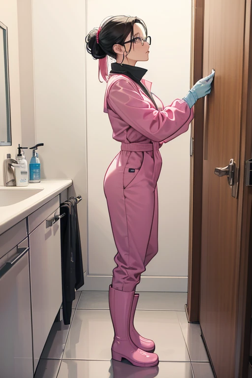 A mature woman with glasses and black hair tied up in a long sleeve jumpsuit and white rubber boots is standing in front of the cleaning supplies cupboard in the bathroom, nervously trying to take off her oversized pink rubber gloves