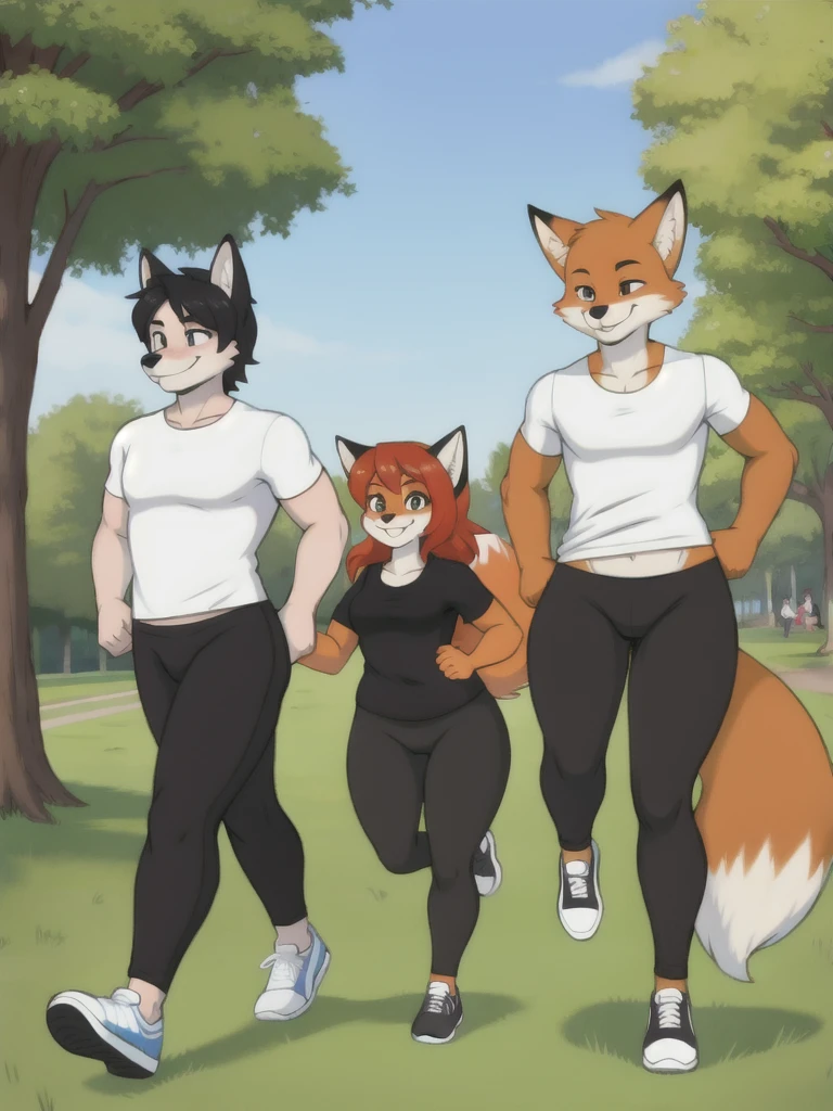 Furry, fox, smile, black leggings, white shirt, jogging with a partner, park, teen