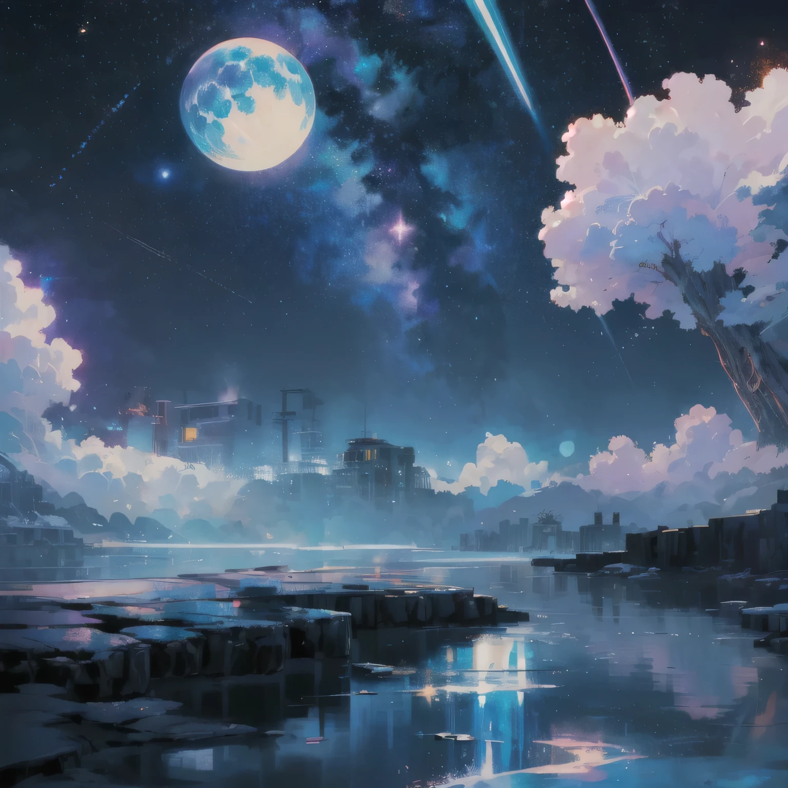 Anime landscape with a full moon and a tree in the foreground, Background artwork, Anime Art Wallpaper 4K, Anime Art Wallpaper 4K, 4k highly detailed digital art, Mixed style beeple, artgem and beeple masterpieces, Anime style 4K, Anime Landscape Wallpaper, 4k anime wallpaper, 8k high quality detailed art, Anime Background, pixel art, rain. warm, summer, fun, 2d platformer game, stars, white night, space, side view, level design, ((ink)), ink splash, abstract, black and white, ((2d)), Meteor Fountain，midnight city
