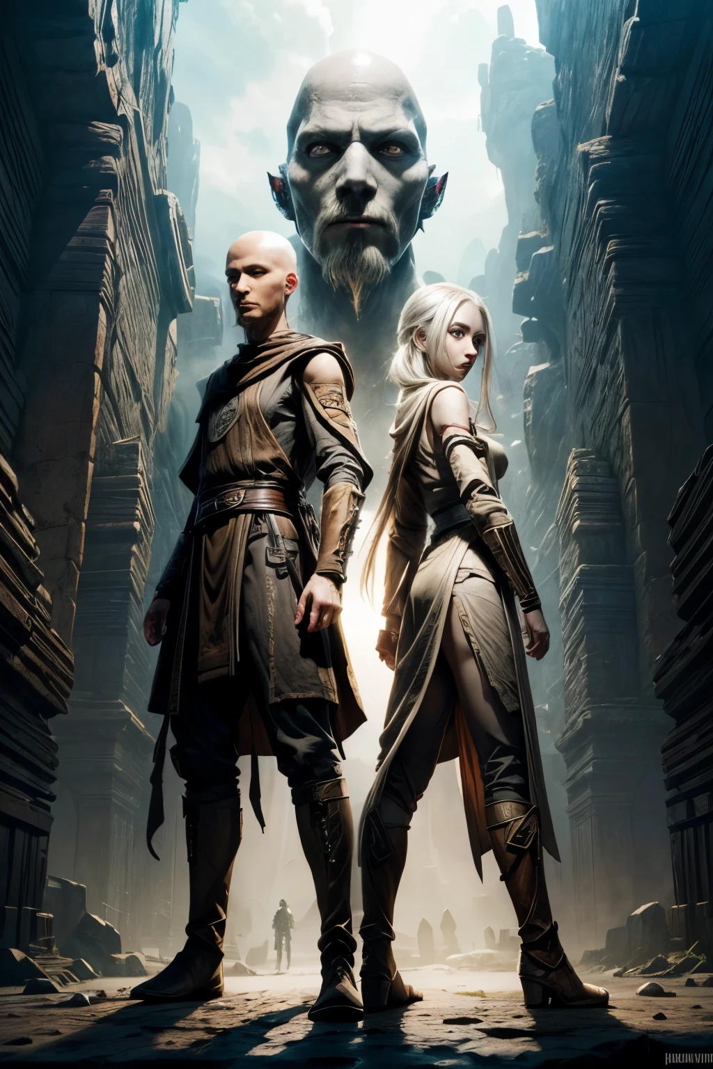  (best quality, vibrant colors, bright art), (rpg character design detailed), wide angle view, (distant view: 1.5), full body, front view, view from above angle.  A pale skin humanoid, young, (ivory white skin: 1.3).  two characters:  1male and 1female, (((Two characters next to each other: 1.5))), concept art, Fantasy setting. bald thin head. grey alien eyes (big black eyes: 1.5). Very pale white skin, smooth skin. slender, skinny, bony face. thin chin, goatee white facial hair. very small nose and mouth, noseless nostrils, no eyebrows, no ears, no lips. neutral kind expression. extra fingers in hand. wearing jedi clothes (clothes: sepia, brown, clear light colors)., (game art detailed), (splash art) (clear concept art). fantasy landscape setting, sci-fi setting, book shelves building on background.