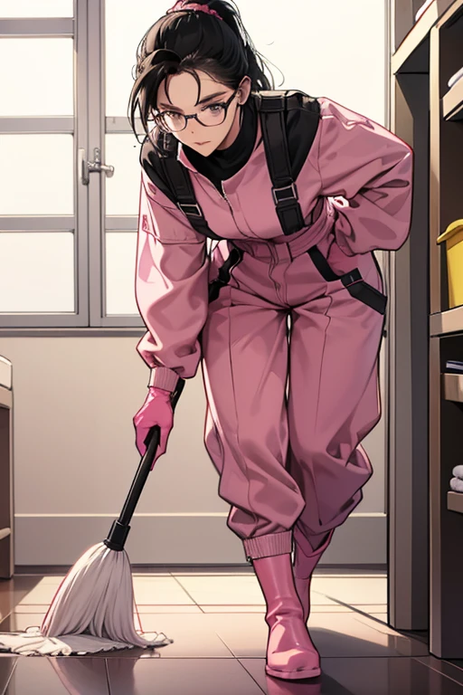 A mature woman with glasses and black hair tied up in a long sleeve jumpsuit and white rubber boots nervously takes off her large pink rubber gloves in front of the cleaning supplies cupboard in the bathroom