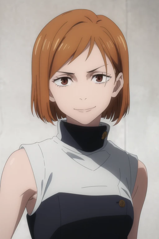 (masterpiece), (best quality), (ultra-detailed), (best illustration), (best shadow), (absurdres), short hair, orange hair, ((brown eyes)), kugisaki nobara, 1girl, solo, bangs, wearing black crotop, turtleneck, sleeveless,evil smile, long sleeves, looking at viewer, upper body,
