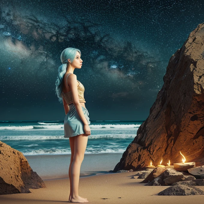 Create a high-quality, 8K ultra-high resolution image of a woman with long, light blue hair standing on a beach, holding a mirror. She is looking at her reflection, which has a blurred face and is gazing directly at the viewer, conveying an eerie and melancholic aura. The background features a breathtaking, overcast sky in shades of gold, red, and orange, adorned with visible galaxies and stars, adding to the somber and otherworldly mood of the scene. Use high contrast and low saturation to emphasize the detailed anatomy-based character design and the emotional depth of the composition.