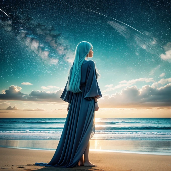 Create a high-quality, 8K ultra-high resolution image of a woman with long, light blue hair standing on a beach, holding a mirror. She is looking at her reflection, which has a blurred face and is gazing directly at the viewer, conveying an eerie and melancholic aura. The background features a breathtaking, overcast sky in shades of gold, red, and orange, adorned with visible galaxies and stars, adding to the somber and otherworldly mood of the scene. Use high contrast and low saturation to emphasize the detailed anatomy-based character design and the emotional depth of the composition.