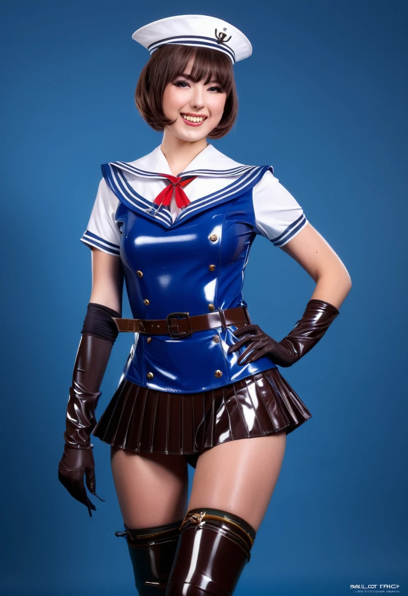 official art, Highly detailed CG Unity 8K wallpaper, highest quality, masterpiece, High resolution,shiny latex thigh-high boots, Brown Shorthair, brown belt, leather shoulder bag、latex gloves, (shiny latex sailor suit:1.6)、(Latex School Uniform)、(shiny latex pleated skirt)、 Leather texture, full body photo, melon face, small face, (big breasts)、(grinning grin)、(latex high heels)
