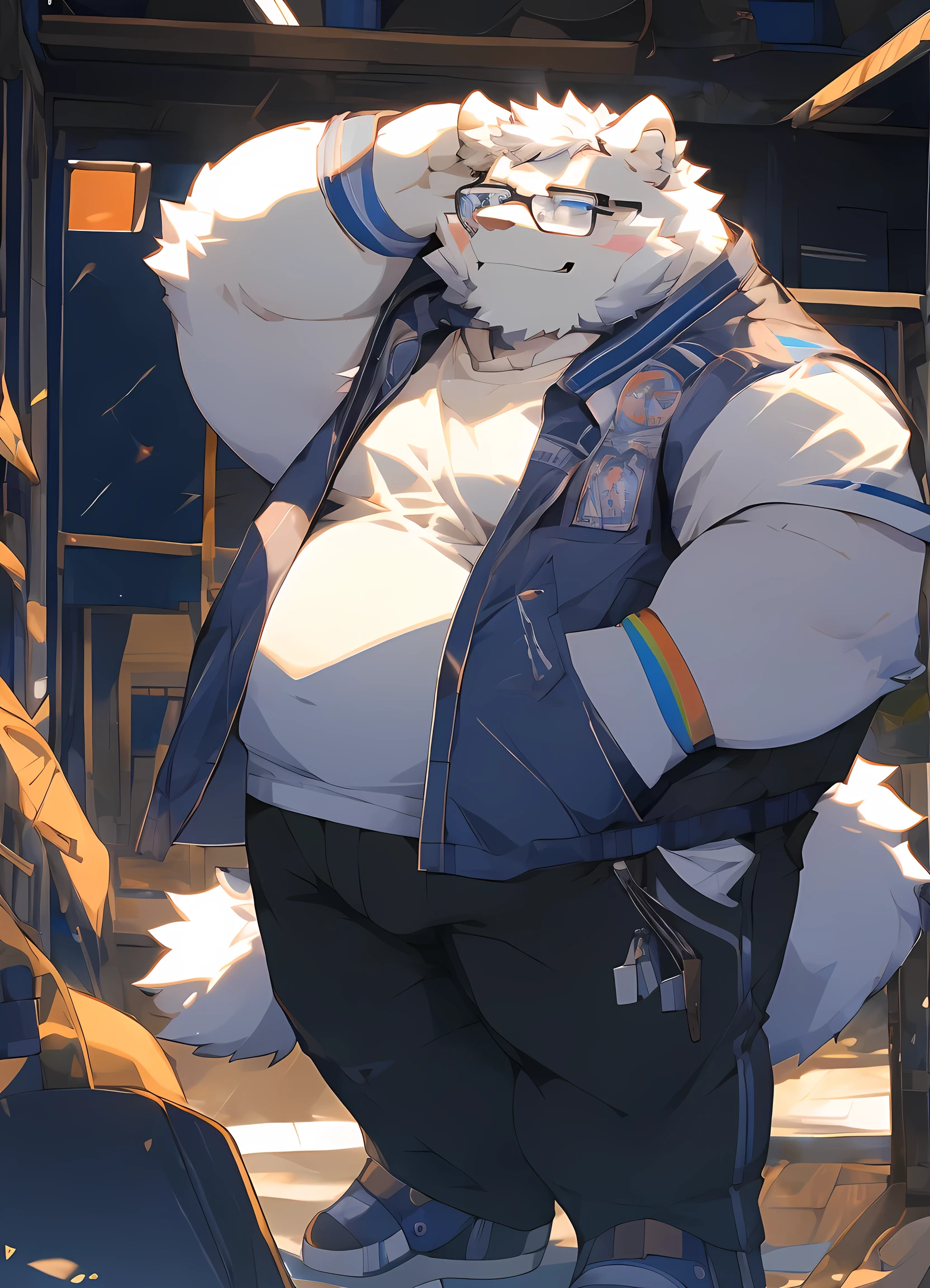 (masterpiece),(Very detailed),(best quality),hairy,Samoyed,white hair,Blue pupils,Smile(blush 1.1),(Black casual wear 1.2),8K,((high quality))Pure white fur,(Rainbow pattern on forehead and ears 1.2),It changes to different colors depending on your mood。Chubby body,Soft and elastic。The fluffy tail also has a rainbow-colored ring pattern。Wearing oversized casual wear,Black and white mechanic jacket,Semi-black-framed glasses,Wearing white socks and sandals