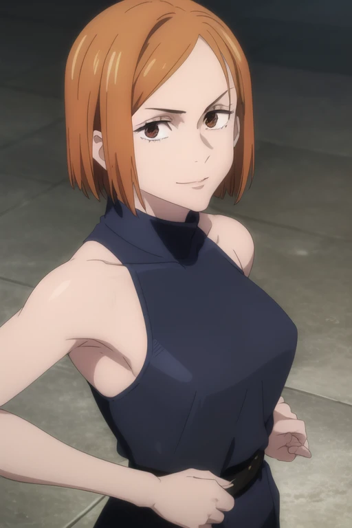 (masterpiece), (best quality), (ultra-detailed), (best illustration), (best shadow), (absurdres), short hair, orange hair, ((brown eyes)), kugisaki nobara, 1girl, solo, bangs, wearing black crotop, turtleneck, sleeveless,evil smile, long sleeves, looking at viewer, upper body, armpits, armpits visible,