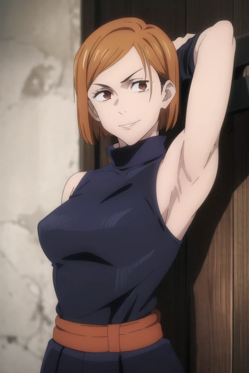 (masterpiece), (best quality), (ultra-detailed), (best illustration), (best shadow), (absurdres), short hair, orange hair, ((brown eyes)), kugisaki nobara, 1girl, solo, bangs, wearing black crotop, turtleneck, sleeveless,evil smile, long sleeves, looking at viewer, upper body, armpits, armpits visible,