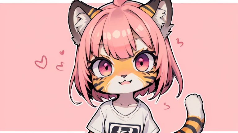 (obra maestra, Alta calidad, mejor calidad, 8K, high resolution), ((estilo chibii, Chibi lindo)), (solo, 1 girl), {Tiger Girl, cara de tigre, 2 colmillos, long eyelashes, delineador de ojos} {bigotes de tigre}, (((Piel de tigre por todo el cuerpo., Rayas de tigre en el cuerpo.))), (pelo naranja), cabello corto, Pinza para el cabello, [[Pinza para el cabello white flower on hair]], ((Muy feliz)), ((boca abierta)), ojos naranjas, [pupilas negras], ((buscando)), (very small breasts), brazos delgados, (un brazo arriba, un brazo hacia abajo), axilas, ((mini camiseta rosa, camiseta rosa completa)), {shorts blancos}, {{{mini cola de tigre, Cola en la espalda}}}, (cuerpo completo), (((de pie, jump angle))), dynamic pose, Fondo blanco, fondo sencillo, ((((Estilo Tora-chan no Hanayome)))), (old anime style 40s), estilo animado, anime color.