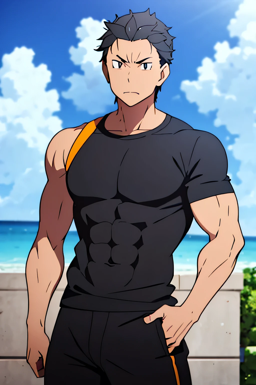 Subaru is flexing his biceps. He wears black shorts. You can see his thighs. He looks stoic and serious. He has bulging veins on his arms. He wears a black tshirt with short sleeves. His sleeve is completely rolled up so you can see his entire arm and shoulder. He is showing his abs too.