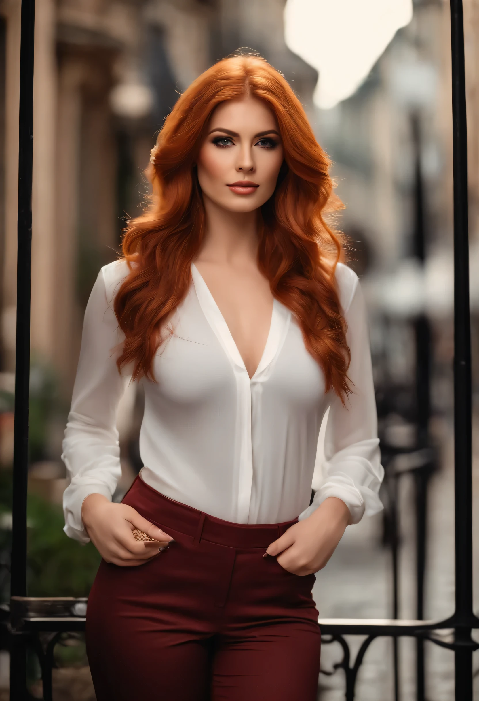 Profissional, (Foto 4k:1.1) , alto detalhe, Vestindo (camisa apertada:1.2), lindo rosto detalhado, an attractive woman with long red hair looks at the camera, parecendo a atriz Katherine McNamara, Panasonic Lumix S Pro 50mm F/1.4, Anne Stokes, respingo de cor, laranja escuro e esmeralda escura, Ferrania P30, foto realista, (mulher jovem e atraente:1.3), (sedutor:1.1), (rubor:1.1), formato do corpo em ampulheta, seios grandes e redondos, quadris largos, na cidade de fundo