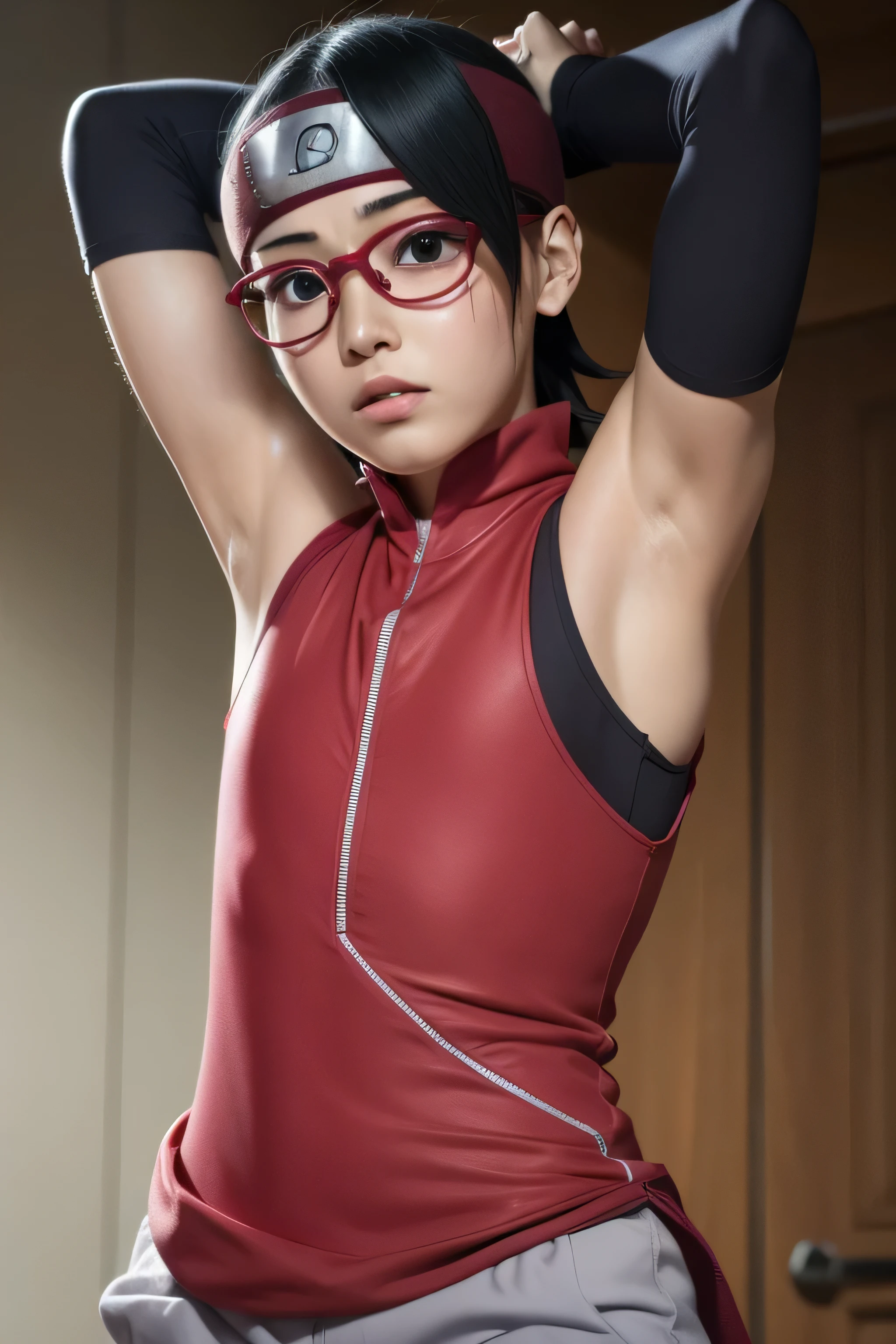 1 girl, standing, beautiful Sarada Uchiha, 18 years old, Cups, Black thighs, arm warmers, forehead protector, shorts, short hair, big chest, black eyes wearing glasses, small hips, big ass, capture anime screen, Sarada is 18 years old, mature appearance,armpits,sweat,sweaty,sweaty armpits,arms up,showing armpits,awesome armpits,outfit,blackish red arm warmers,maroon arm bands,matoon arm warmers