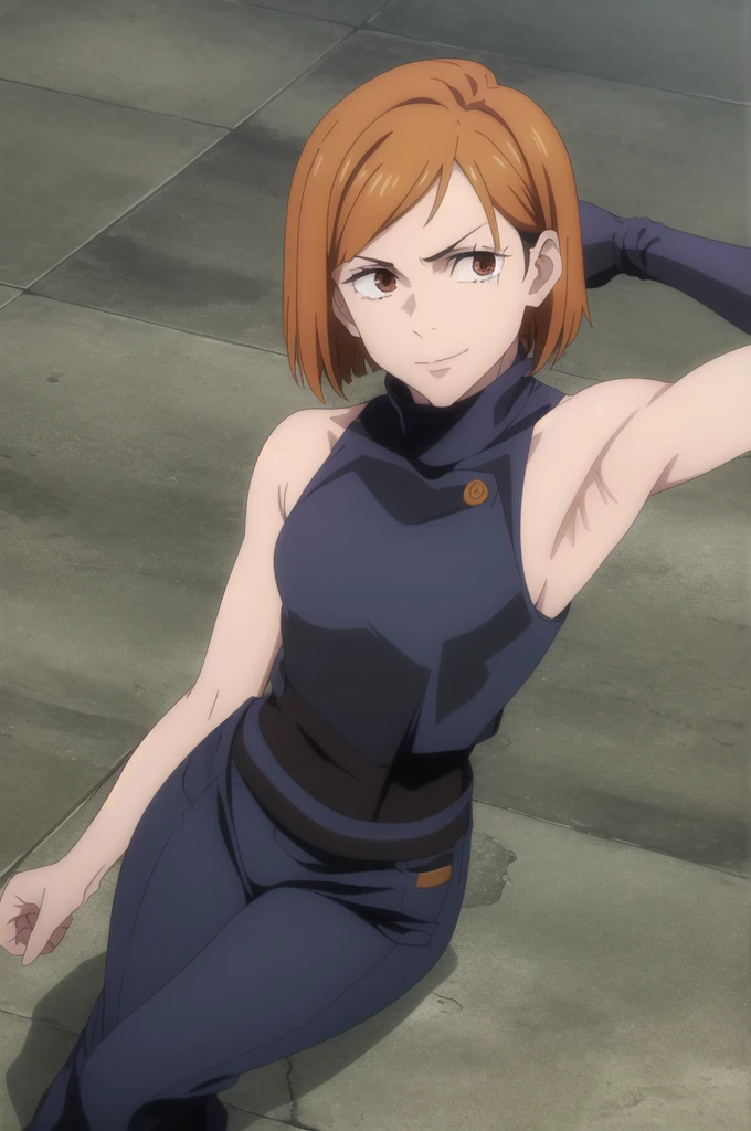 (masterpiece), (best quality), (ultra-detailed), (best illustration), (best shadow), (absurdres), short hair, orange hair, ((brown eyes)), kugisaki nobara, 1girl, solo, bangs, wearing black crotop, turtleneck, sleeveless,evil smile, long sleeves, looking at viewer, upper body, armpits, armpits visible,