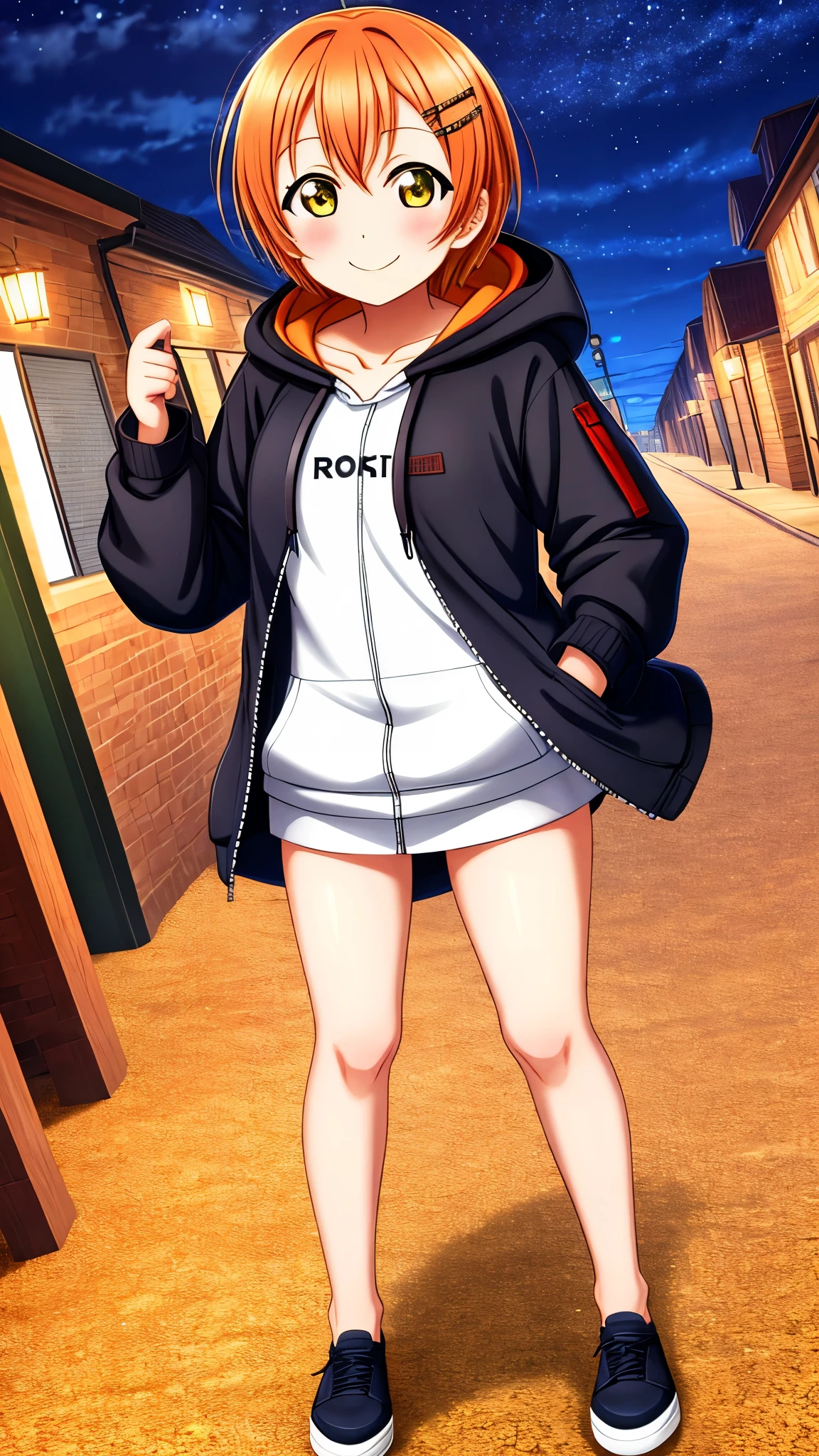 Masterpiece, best quality, Hoshizora rin, orange hair, green eyes,solo, looking_at_viewer, blush, short_hair, long_sleeves, collarbone, yellow_eyes, hair ornaments, hands in pocket, village street, hood, bare_legs, hoodie, standing, hood_down, zipper, naked_hoodie,thicc thighs, bottomless , shoes, smile , night 