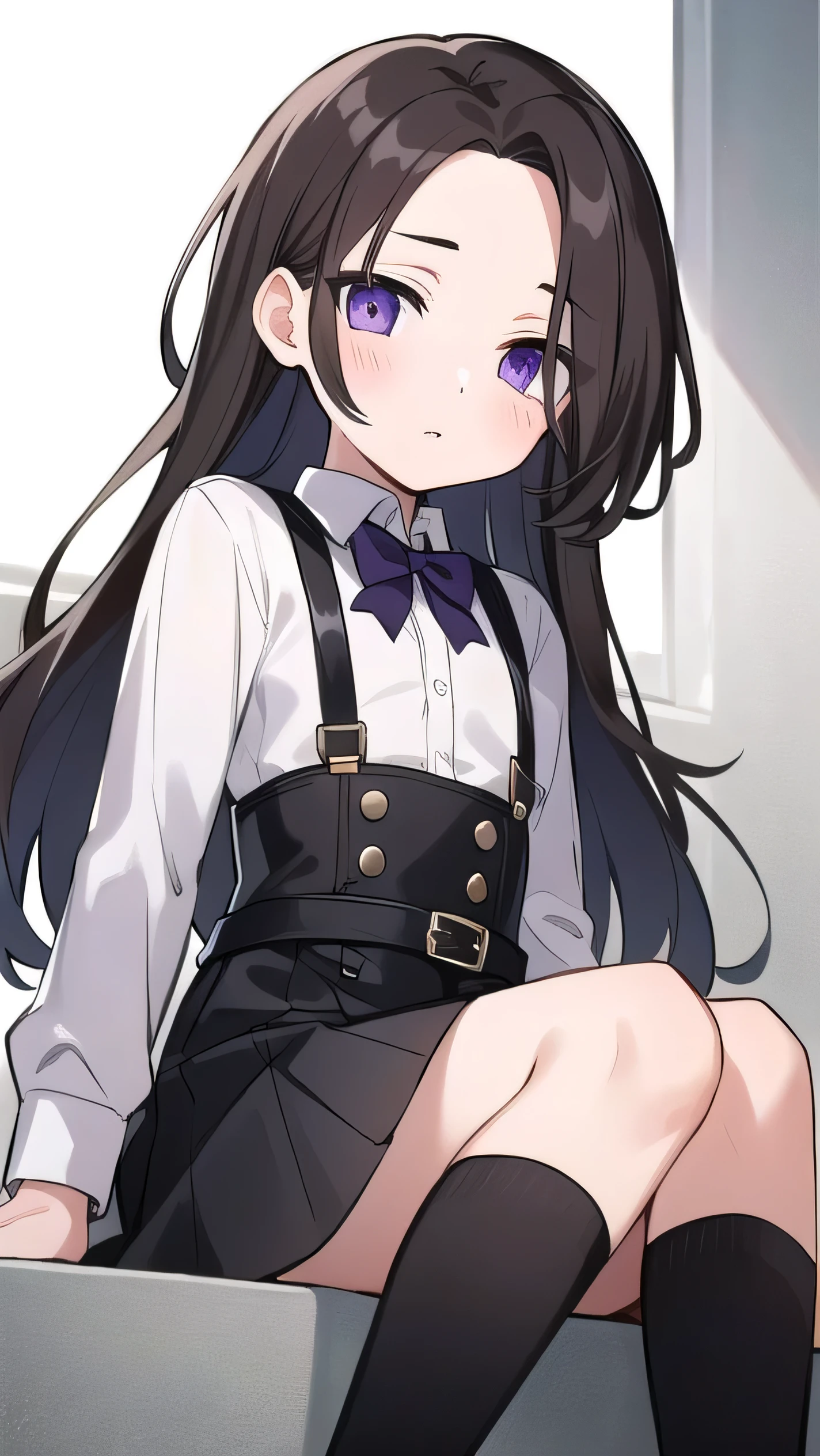 Brown hair, long hair, purple eyes, very short bangs, wide forehead, white shirt, long sleeves, black corset, black miniskirt, black knee socks, middle school student, flat chest , short, narrow eyes, hanging eyes, forehead, straight hair, harness,