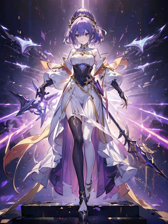 Design a layout showcase Gaming character, (1girl). 
Golden+Purple clothes, stylish and unique. 
((showcase weapon:1.4)), magic staff. 
(masterpiece:1.2), (best quality), 4k, ultra-detailed. 
(Step by step design, layout art:1.5), (luminous lighting, atmospheric lighting). 
magican, ((glove full hands)), (((revealing clothes:1.3))), vambraces, armored legwear, (((full_body_shot:1.4))). 
[Happy:0.5], [Determined:0.5], right-facing.
