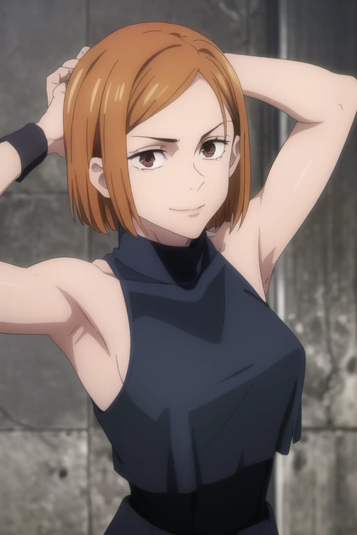 (masterpiece), (best quality), (ultra-detailed), (best illustration), (best shadow), (absurdres), short hair, orange hair, ((brown eyes)), kugisaki nobara, 1girl, solo, bangs, wearing black crotop, turtleneck, sleeveless,evil smile, long sleeves, looking at viewer, upper body, armpits, armpits visible,