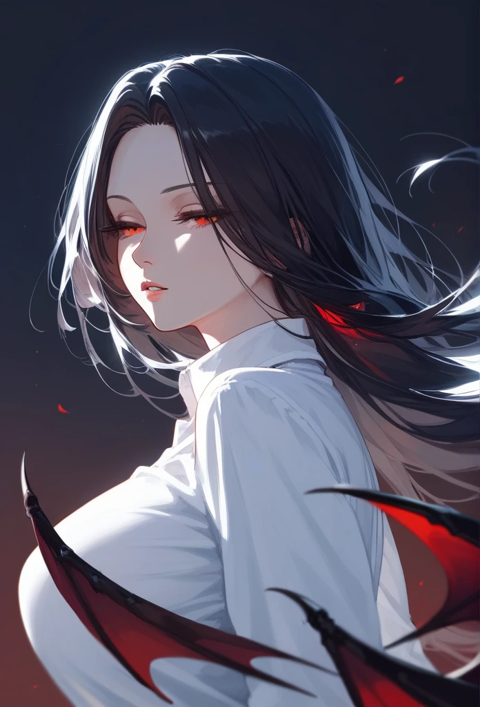 masterpiece, score_9, score_8_up, score_7_up, rear view, 1 girl, alone, black hair, long hair, parted bangs, dark red eyes, half-closed eyes, parted lips, Expressionless, pale skin, large breasts, upper body, a black V-neck shirt (2 big demon wings), folded wings, beautiful wings, black background, best quality